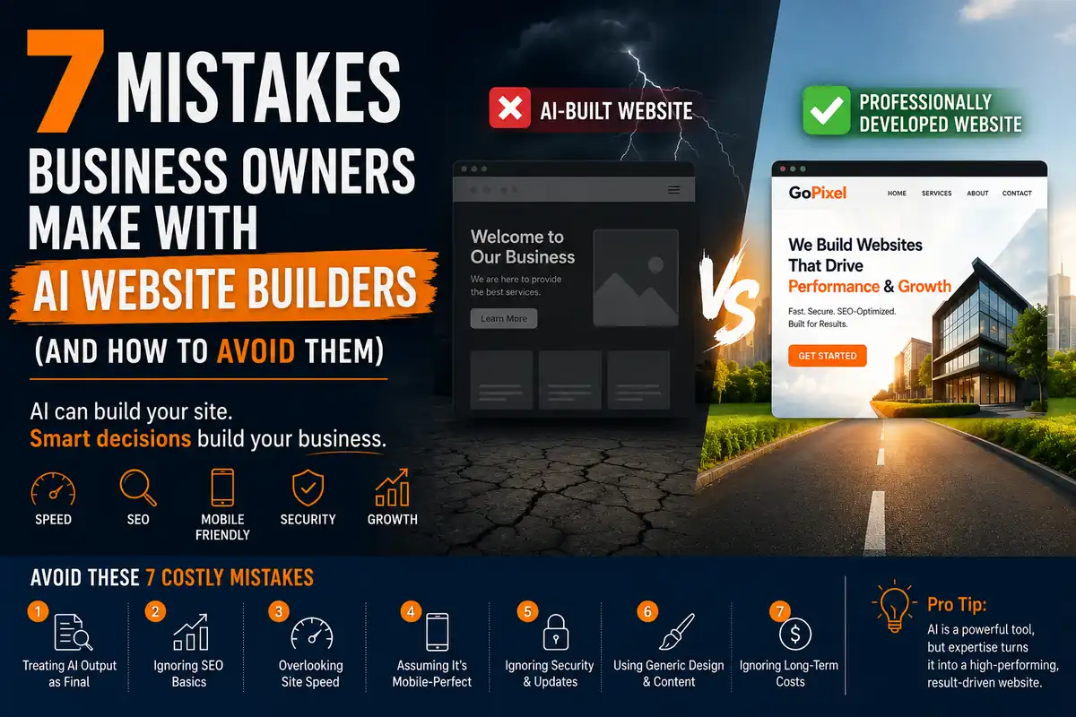 Seven numbered mistakes illustrated around an AI website builder interface