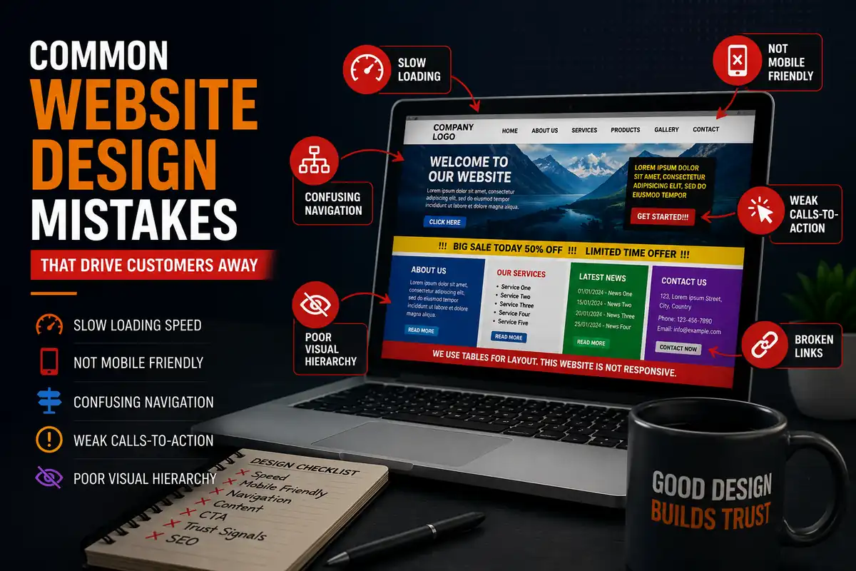 Common website design mistakes illustration showing comparison between bad and good web design