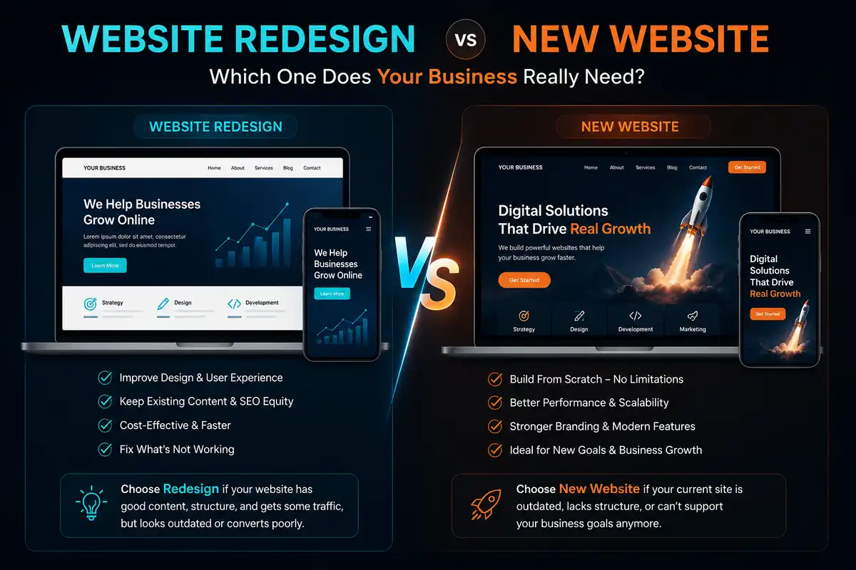 Website redesign vs building a new website comparison showing two paths forward